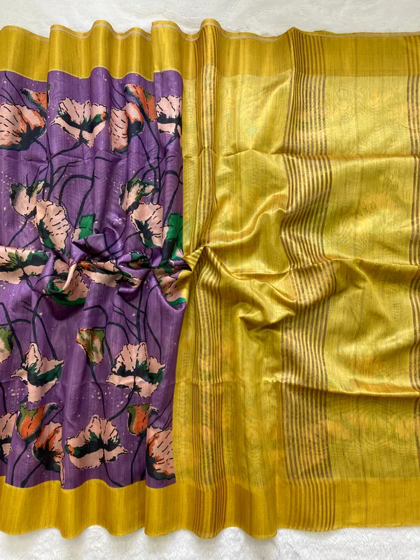 Saraswati_Purple_–_Divine_Wisdom_Navratri_Special_|_Soft_Tussar_Silk_Saree_with_Print,_Border_&_Contrast_Print_Blouse_with_Tassels