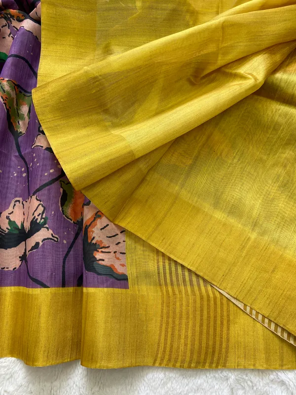 Saraswati_Purple_–_Divine_Wisdom_Navratri_Special_|_Soft_Tussar_Silk_Saree_with_Print,_Border_&_Contrast_Print_Blouse_with_Tassels