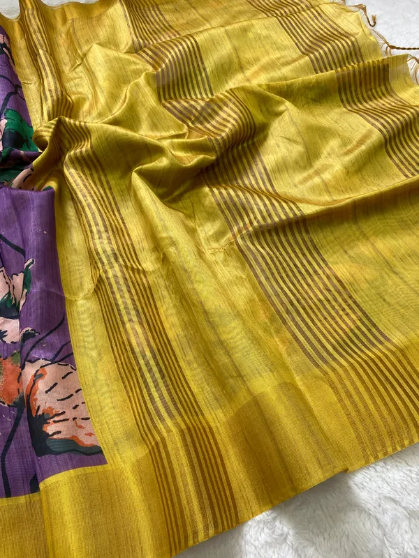 Saraswati_Purple_–_Divine_Wisdom_Navratri_Special_|_Soft_Tussar_Silk_Saree_with_Print,_Border_&_Contrast_Print_Blouse_with_Tassels