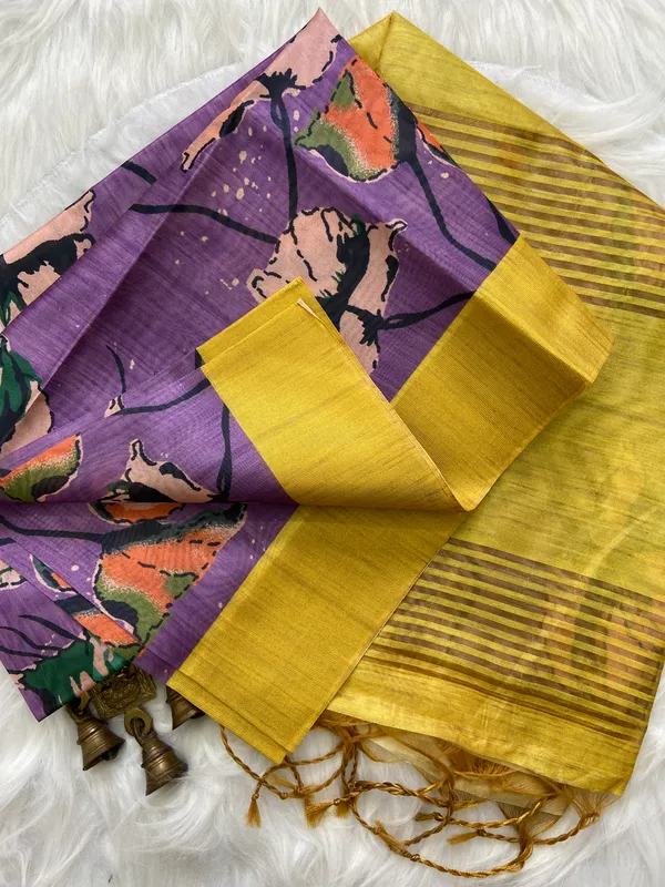 Saraswati_Purple_–_Divine_Wisdom_Navratri_Special_|_Soft_Tussar_Silk_Saree_with_Print,_Border_&_Contrast_Print_Blouse_with_Tassels