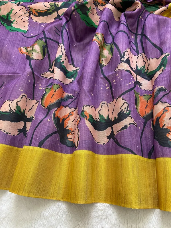 Saraswati_Purple_–_Divine_Wisdom_Navratri_Special_|_Soft_Tussar_Silk_Saree_with_Print,_Border_&_Contrast_Print_Blouse_with_Tassels