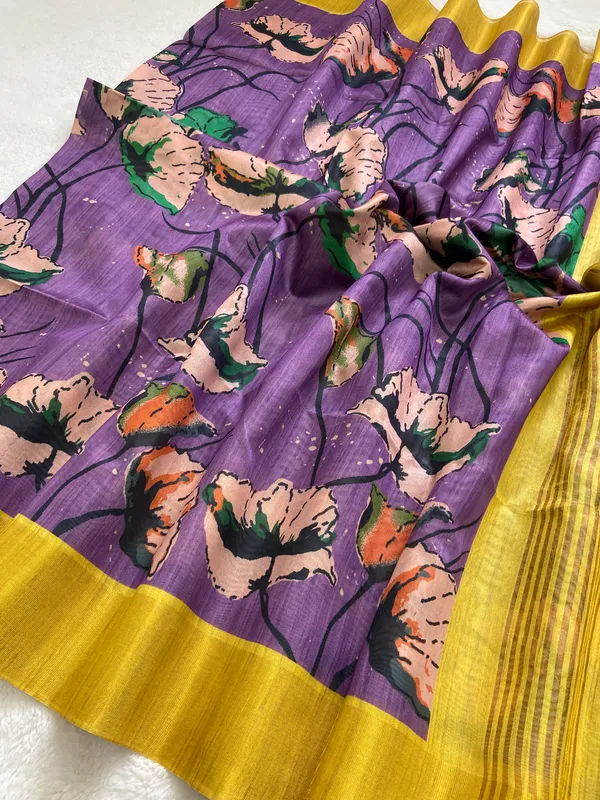 Saraswati_Purple_–_Divine_Wisdom_Navratri_Special_|_Soft_Tussar_Silk_Saree_with_Print,_Border_&_Contrast_Print_Blouse_with_Tassels