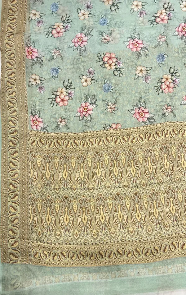 Humairah_Presents_Pure_Handloom_Pistachio_Chiffon_Floral_Digital_Print_Boota_with_Paisley_Copper_Zari_Border_and_Pistachio_Blouse