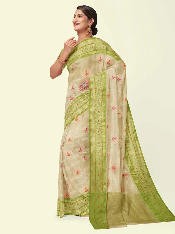 Beige_Cotton_Blend_Banarasi_Sarees_For_Women