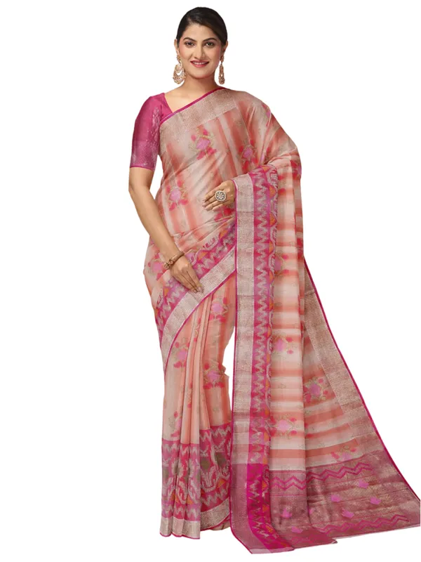 Peach_Matka_Silk/Silk_Blend_Banarasi_Sarees_For_Women