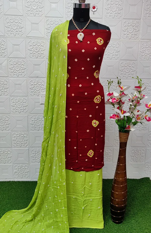 Radha_Pure_Rayon_Unstitched_Hand_Bandhej_Bandhani_Dress_Material_|_4.25_Meter_Top_&_Bottom_With_2_Meter_Dupatta