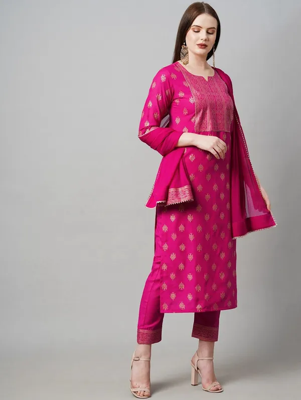 Rani_Pink_Cotton_Printed_Half_Sleeve_Kurti_Set