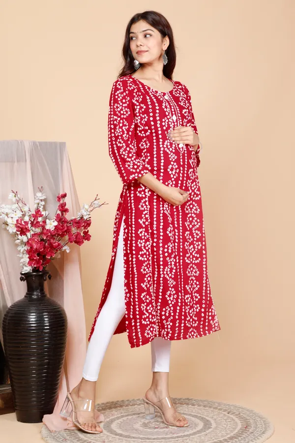 PregyFed_Bandhej_Printed_Maternity_Wear_Straight_Kurti_with_Gota_Detaling_and_Invisible_Zip_on_Both_Side