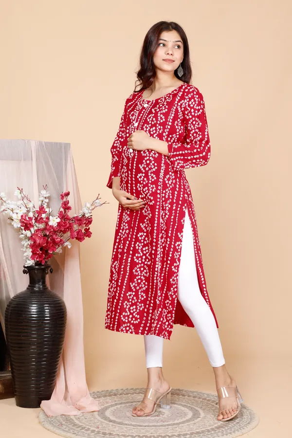 PregyFed_Bandhej_Printed_Maternity_Wear_Straight_Kurti_with_Gota_Detaling_and_Invisible_Zip_on_Both_Side