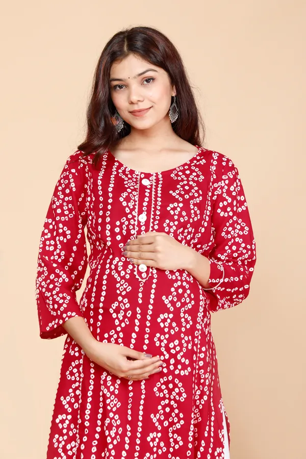 PregyFed_Bandhej_Printed_Maternity_Wear_Straight_Kurti_with_Gota_Detaling_and_Invisible_Zip_on_Both_Side