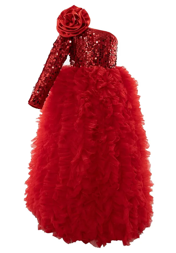Red_Polyester_Blend_Sequined_One_Shoulder_Dress_For_Girls