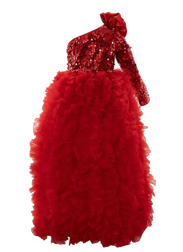 Red_Polyester_Blend_Sequined_One_Shoulder_Dress_For_Girls