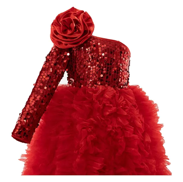 Red_Polyester_Blend_Sequined_One_Shoulder_Dress_For_Girls