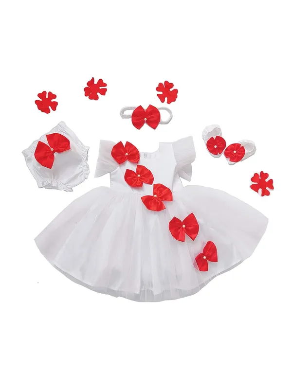 White_Bow_Detailed_Round_Neck_Dress_For_Girls