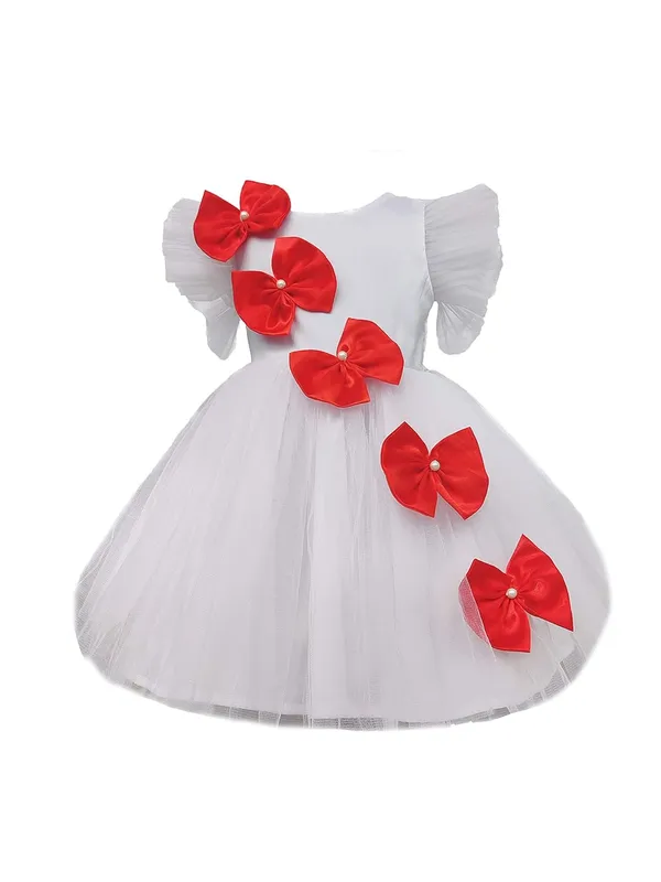 White_Bow_Detailed_Round_Neck_Dress_For_Girls