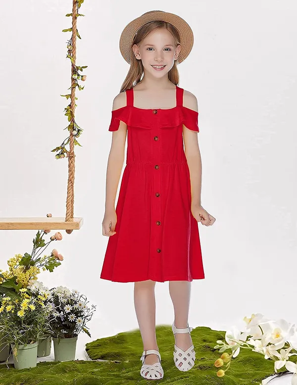Red_Cotton_Solid_Square_Neck_Dress_For_Girls