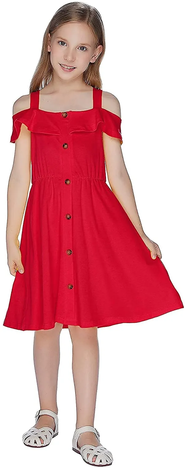 Red_Cotton_Solid_Square_Neck_Dress_For_Girls