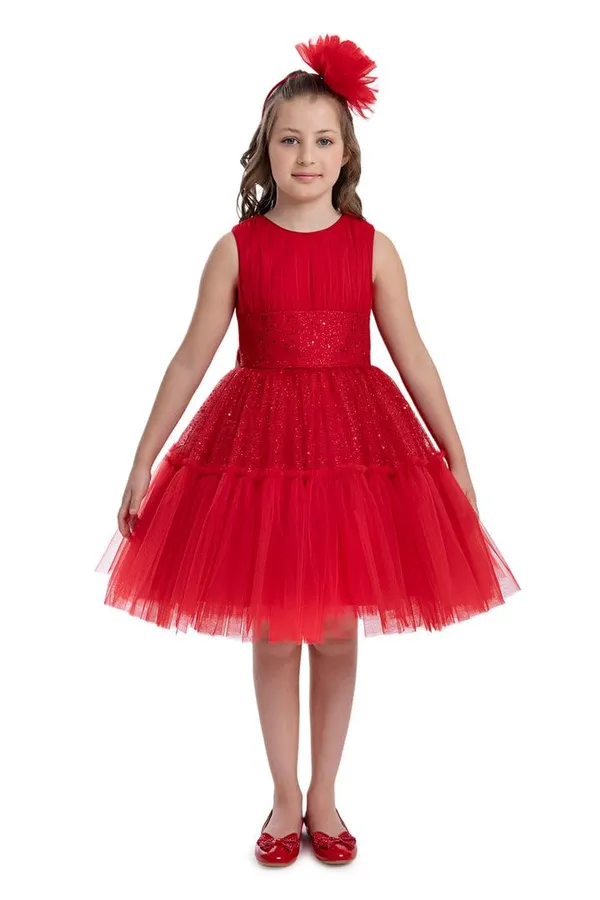 Red_Net_Solid_Round_Neck_Dress_For_Girls