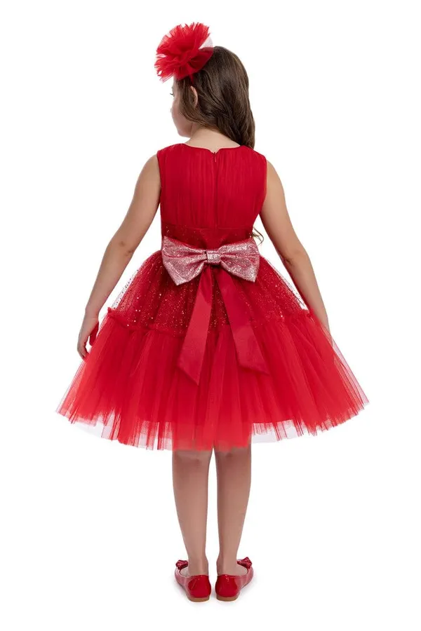 Red_Net_Solid_Round_Neck_Dress_For_Girls