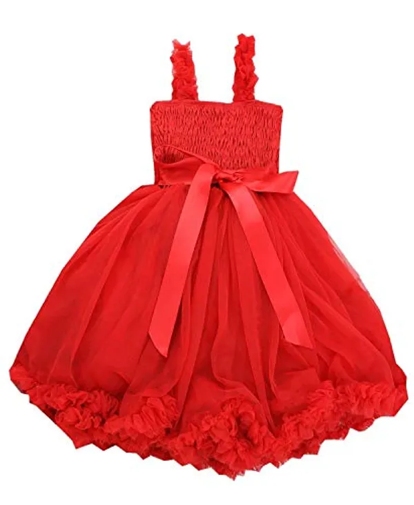 Red_Net_Solid_Square_Neck_Dress_For_Girls