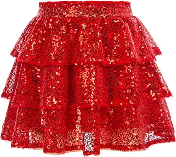 Red_Sequin_Ruffle_Detail_Mid_Waist_Shorts_For_Girls