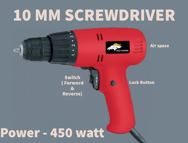 10_Mm_Screwdriver/_Drill_Machine_Heavy_Duty_Redhorse_450_Watt_Pistol_Grip_Drill_(10_Mm_Chuck_Size)