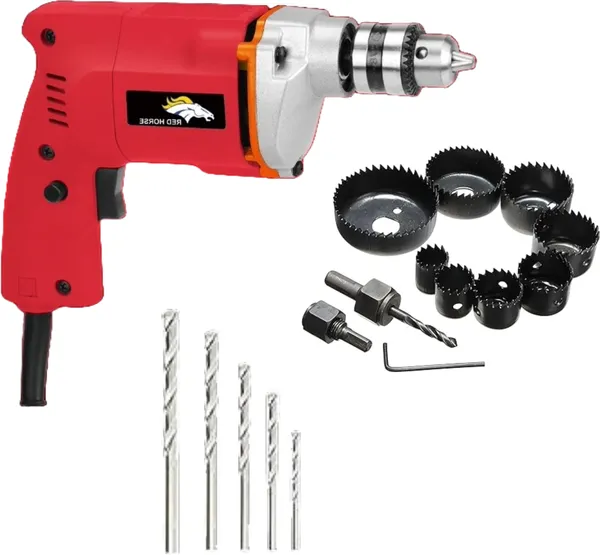 10Mm_Electric_Drill_With_11Pcs_Hole_Saw_Set_With_5Pcs_Drill_Bits_366+Hole_Saw_Set+Drill_Bits_Hammer_Drill_(10_Mm_Chuck_Size,_650_W)