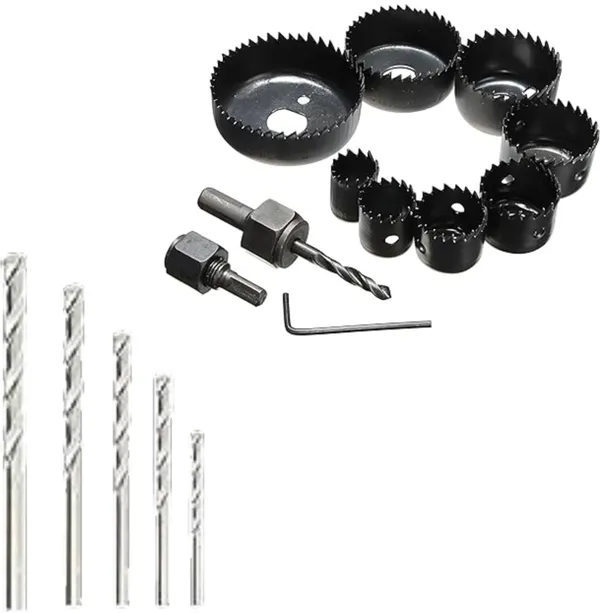 10Mm_Electric_Drill_With_11Pcs_Hole_Saw_Set_With_5Pcs_Drill_Bits_366+Hole_Saw_Set+Drill_Bits_Hammer_Drill_(10_Mm_Chuck_Size,_650_W)