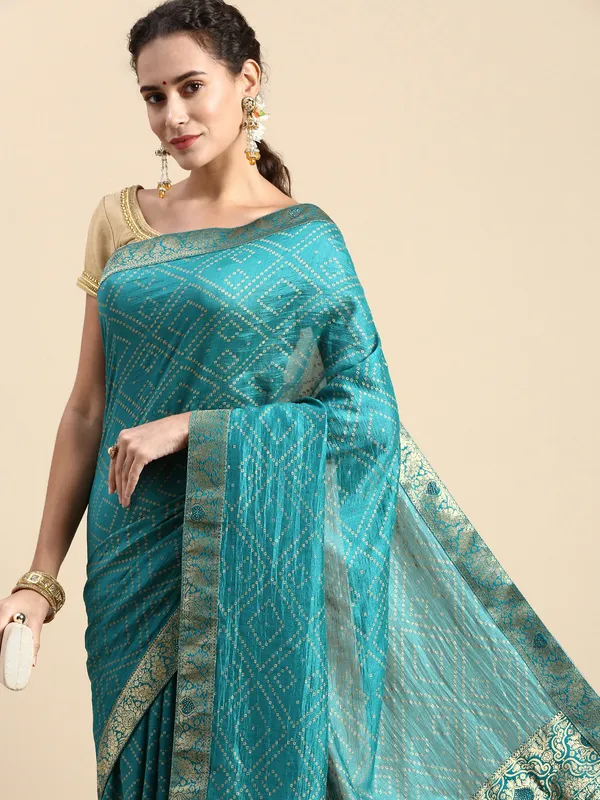 Turquoise_Green_Vichitra_Silk_Foil_and_Swarovski_Work_Saree