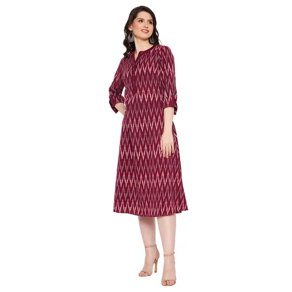 Maroon_Cotton_Ikat_Handloom_Dress_For_Women_Western_A-Line_Readymade_Outfit_Cotton_Kurti_For_Woman_Cotton_Desses_For_Ladies_1_Piece