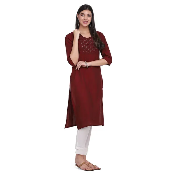 Maroon_Mangalgiri_Cotton__Embroidered_Straight_Kurta_With_Pant_Readymade_Cotton_Kurti_For_Women_Dress_For_Ladies/Girls_Mirror_Work_Emb._2_Pcs