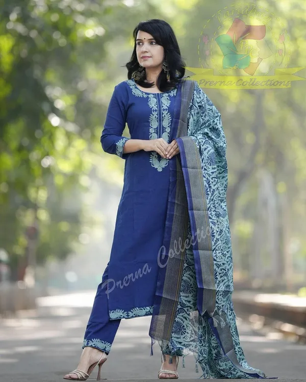 Royal_Blue_Khadi_Cotton_Linen_Embroidered_Kurti_with_Pant_&_Dupatta_Set_|_For_Women
