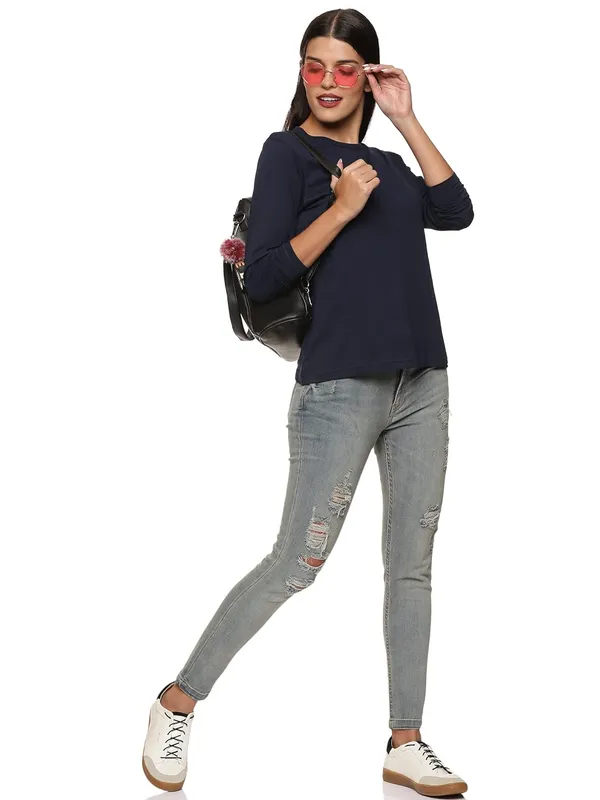 Navy_Blue_Cotton_Regular_Fit_T_Shirt_For_Women