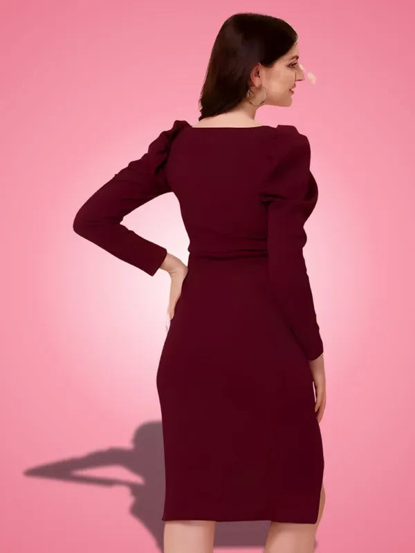Maroon_Polyester_Party_Wear_Sweet-Heart_Neck_With_Puff_Sleeve_Bodycon_Dress_For_Women