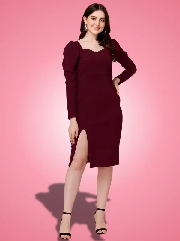 Maroon_Polyester_Party_Wear_Sweet-Heart_Neck_With_Puff_Sleeve_Bodycon_Dress_For_Women