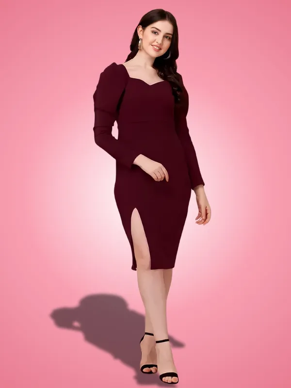 Maroon_Polyester_Party_Wear_Sweet-Heart_Neck_With_Puff_Sleeve_Bodycon_Dress_For_Women