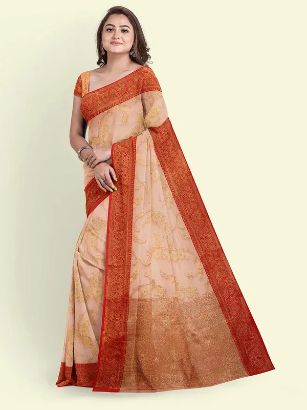Peach_Cotton_Blend_Banarasi_Sarees_For_Women