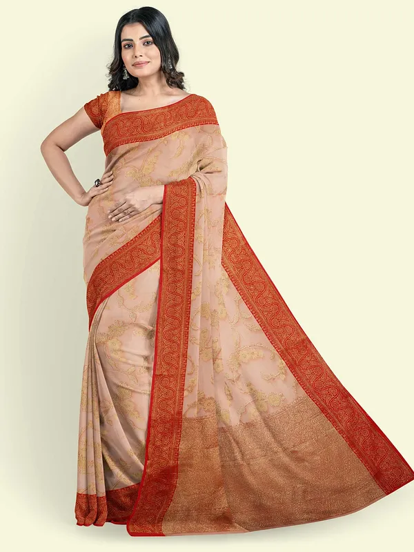 Peach_Cotton_Blend_Banarasi_Sarees_For_Women