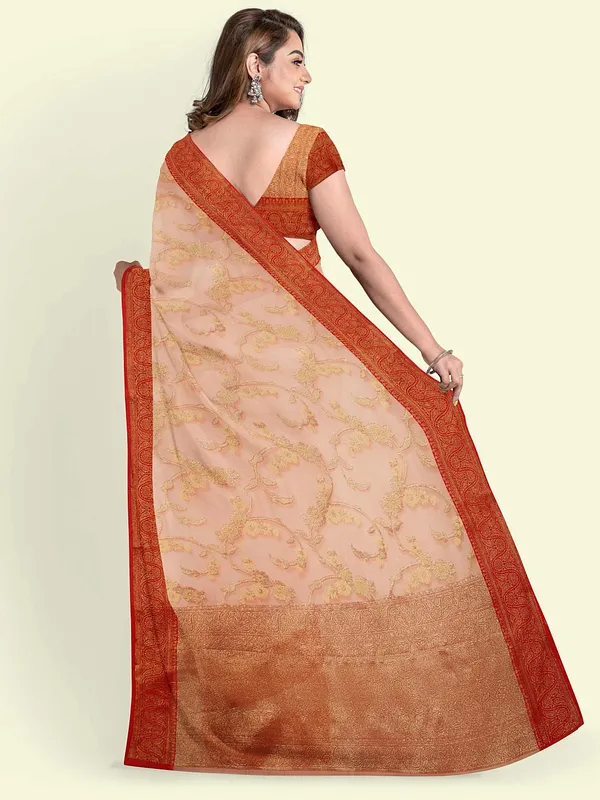 Peach_Cotton_Blend_Banarasi_Sarees_For_Women
