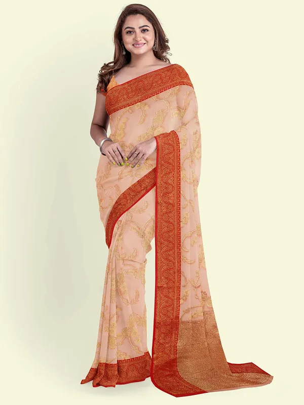 Peach_Cotton_Blend_Banarasi_Sarees_For_Women