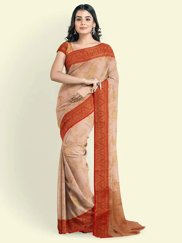 Peach_Cotton_Blend_Banarasi_Sarees_For_Women