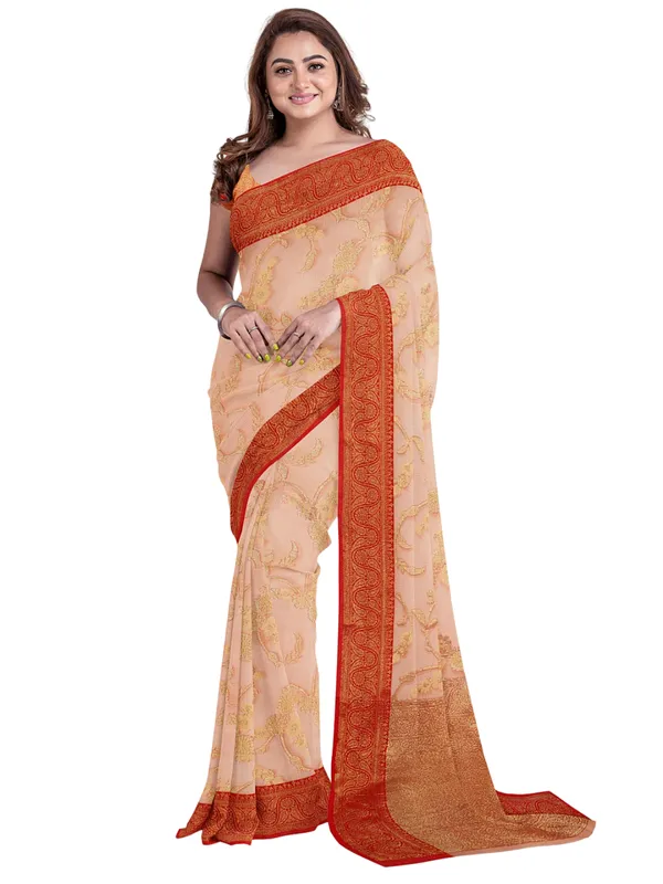 Peach_Cotton_Blend_Banarasi_Sarees_For_Women