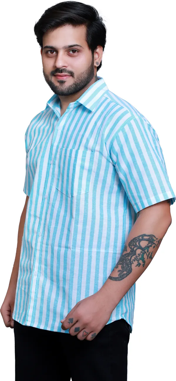 Sky_Light_Blue_Linen_Blend_Half_Sleeve_Striped_Mens_Shirt