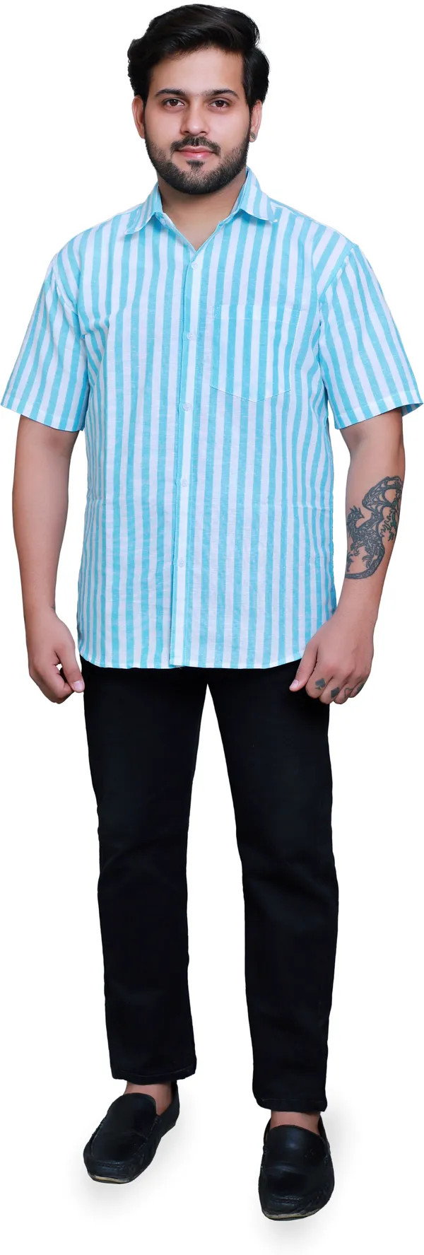 Sky_Light_Blue_Linen_Blend_Half_Sleeve_Striped_Mens_Shirt