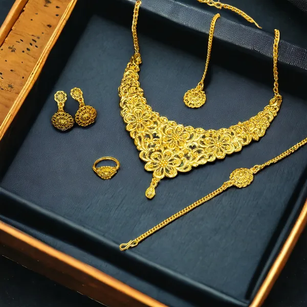 Gold_Designer_And_Trendy_Gold_Plated_Brass_Necklace_Set_Along_With_Earrings,_Mangtika,_Ring_And_Bracelet_For_Women