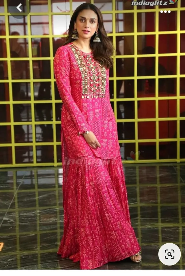 Rani_Pink_Rayon_Slub_Embroidered_Kurti_with_Sharara_Set_|_For_Women