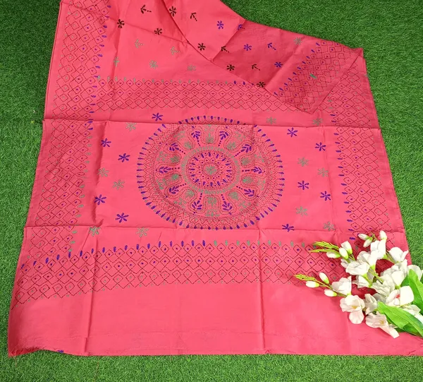 Pink_Art_Silk_Kantha_Stitch_Handloom_Saree_With_Blouse_Piece
