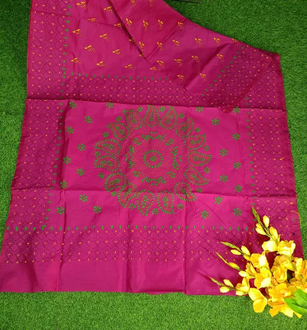 Rani_Pink_Art_Silk_Kantha_Stitch_Handloom_Saree_With_Blouse_Piece