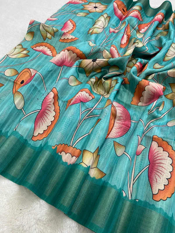 Darika_Rama_Green_–_Navratri_Special_|_Soft_Tussar_Silk_Saree_with_Print,_Pallu_&_Zari_Border_&_Contrast_Print_Blouse_with_Tassels