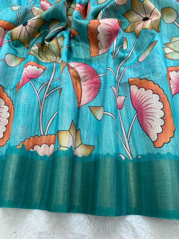 Darika_Rama_Green_–_Navratri_Special_|_Soft_Tussar_Silk_Saree_with_Print,_Pallu_&_Zari_Border_&_Contrast_Print_Blouse_with_Tassels